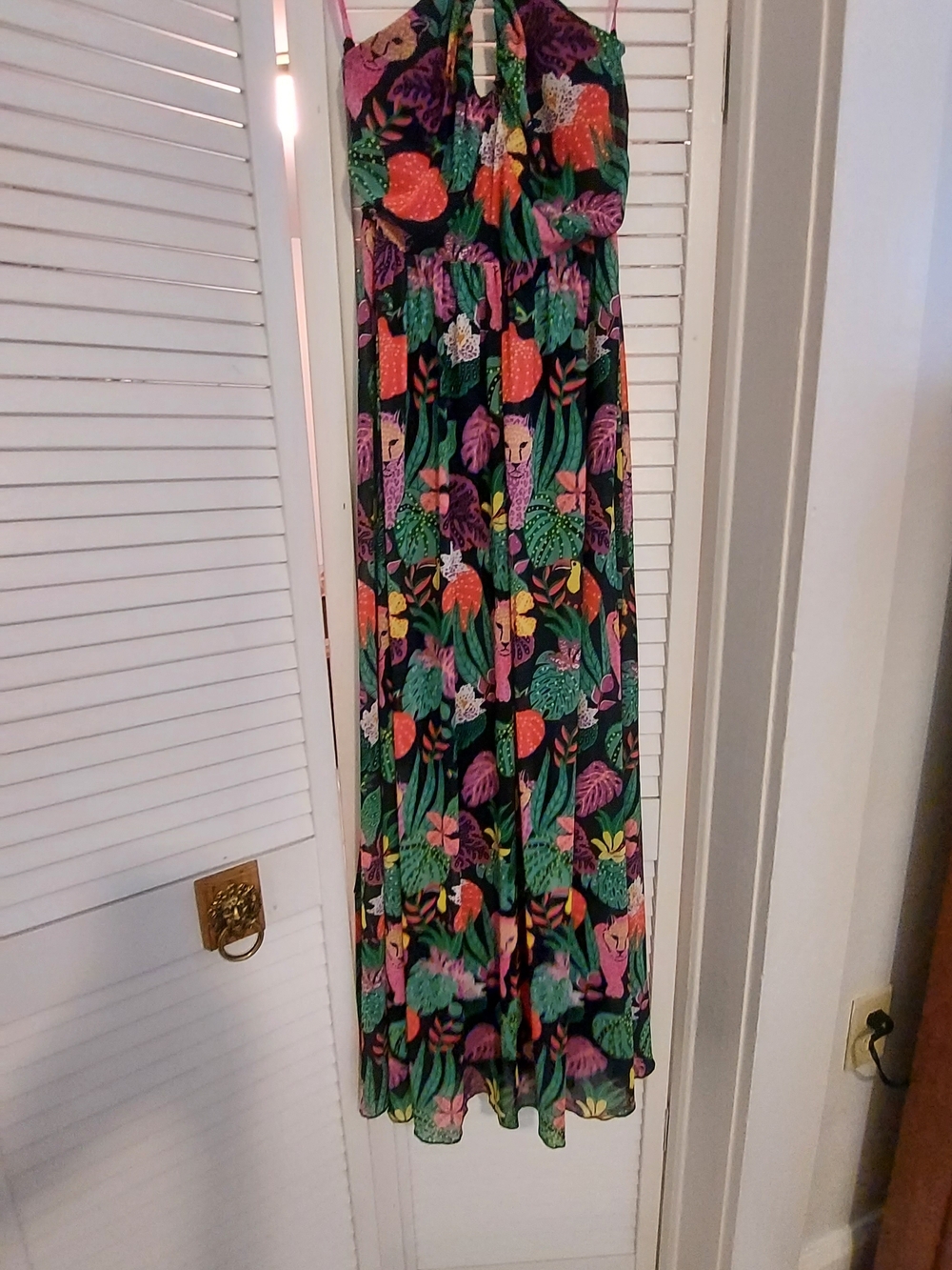 Betsey Johnson Black Tropical Maxi Dress with Green, Pink, Orange Animal Accents